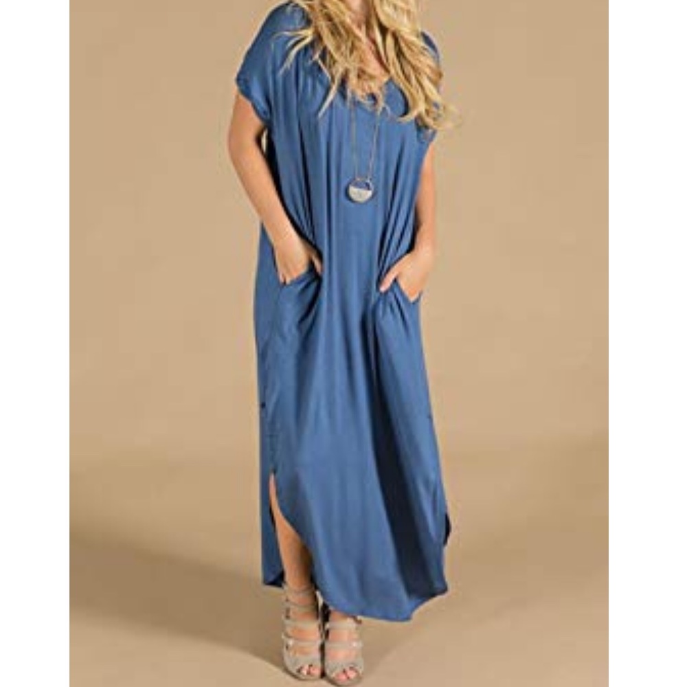 Slate Blue Cami Boho Maxi Dress With Pockets - Picture 4 of 7